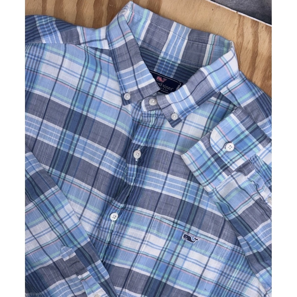 Vineyard Vines Classic Fit Tucker Button Down Large Blue Plaid Medium‎